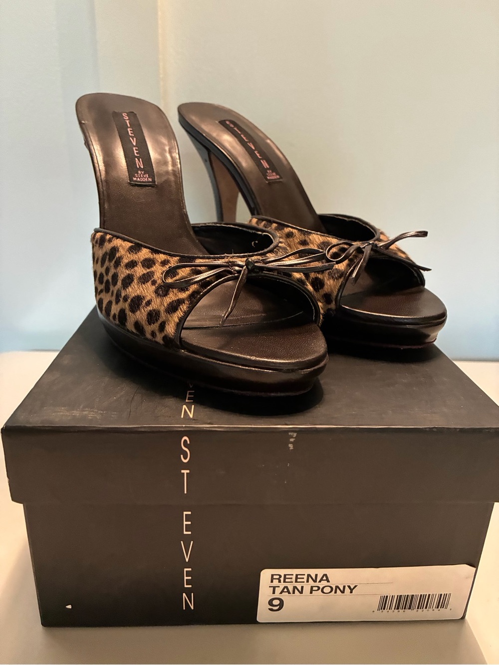 Steven by Steve Madden Reena Leopard Pony Print Slide Heels in Brown